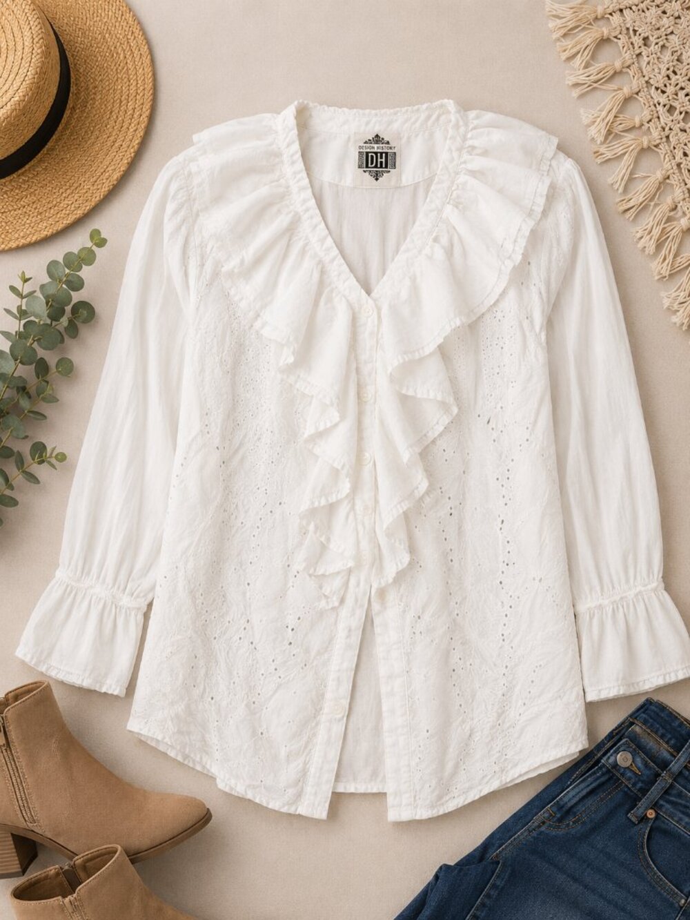 Design History White Ruffle Eyelet Blouse Boho Romantic Cottagecore Size M